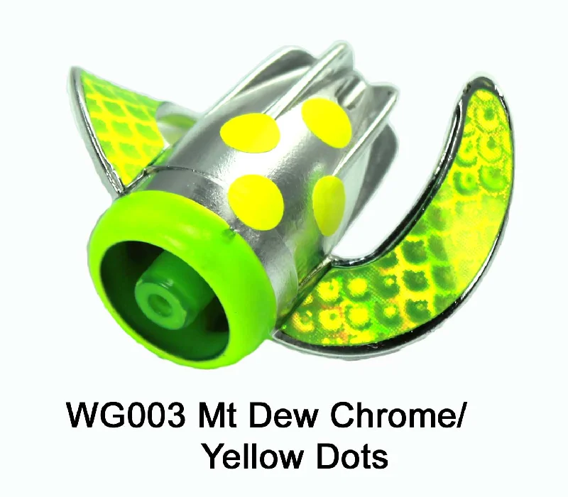 Best Fishing Line For Remote Locations-Dreamweaver Whirly Gig Mountain Dew Chrome/Yellow Dots WG003