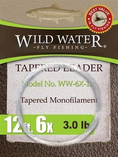 Fishing Line For Fly Fishing-Wild Water Fly Fishing 12ft Tapered Monofilament Leader 6X (Qty 6)