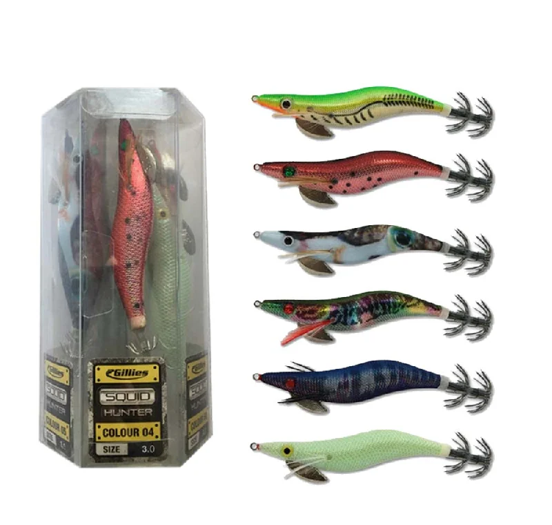 Soft Plastic Fishing Lures-Gillies Squid Hunter 6pk Size 3.0