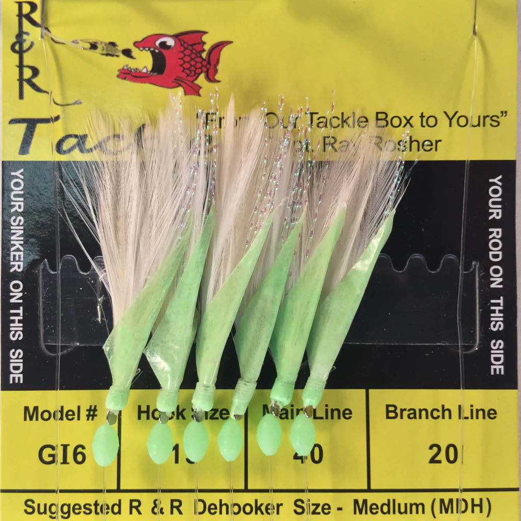 Best Fishing Hook For Redfish-R&R Tackle - GI6 BAIT RIG - 6 (SIZE 15) HOOKS WITH WHITE FEATHER & GLOW FISH SKIN