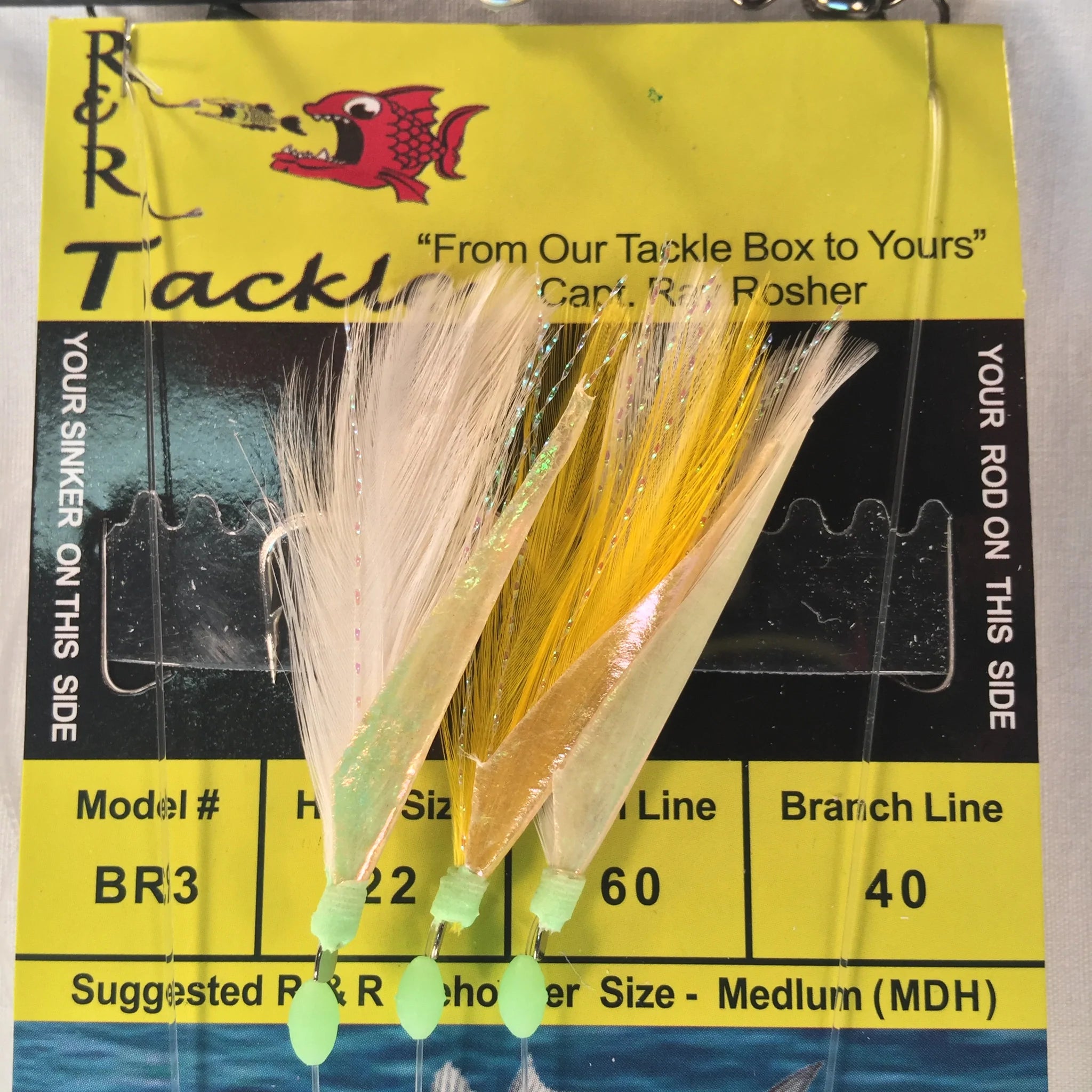 High-Carbon Steel Fishing Hook-R&R Tackle - BR3 BAIT RIG - 3(SIZE 22) HOOKS WITH WHITE/YELLOW FEATHER & FISH SKIN