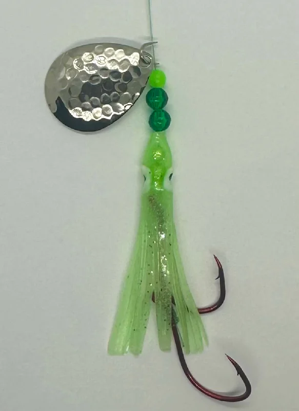 Best Fishing Hook For Muddy Water-Salmon Tackle- Lt Green #8- 4/0 Snell- Salmon Hoochie-w/Hammered Nickel Colorado Spinner Blade -4/0 Octopus Snell Hooks ( SNELL )