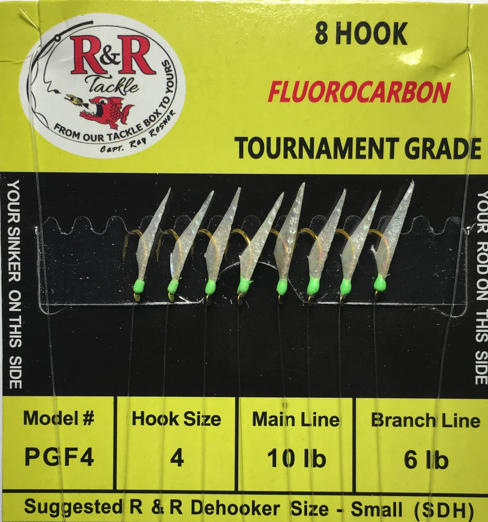 Anti-Corrosion Fishing Hook-R&R Tackle - PGF4 FLUOROCARBON BAIT RIGS- 8 (SIZE 4) GOLD HOOKS WITH FISH SKIN & GREEN HEADS