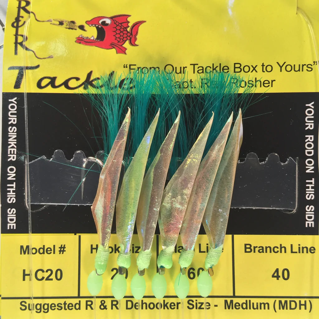 Weedless Fishing Hook-R&R Tackle - HC20 BAIT RIG- 6 (SIZE 20) HOOKS WITH GREEN NYLON & FISH SKIN