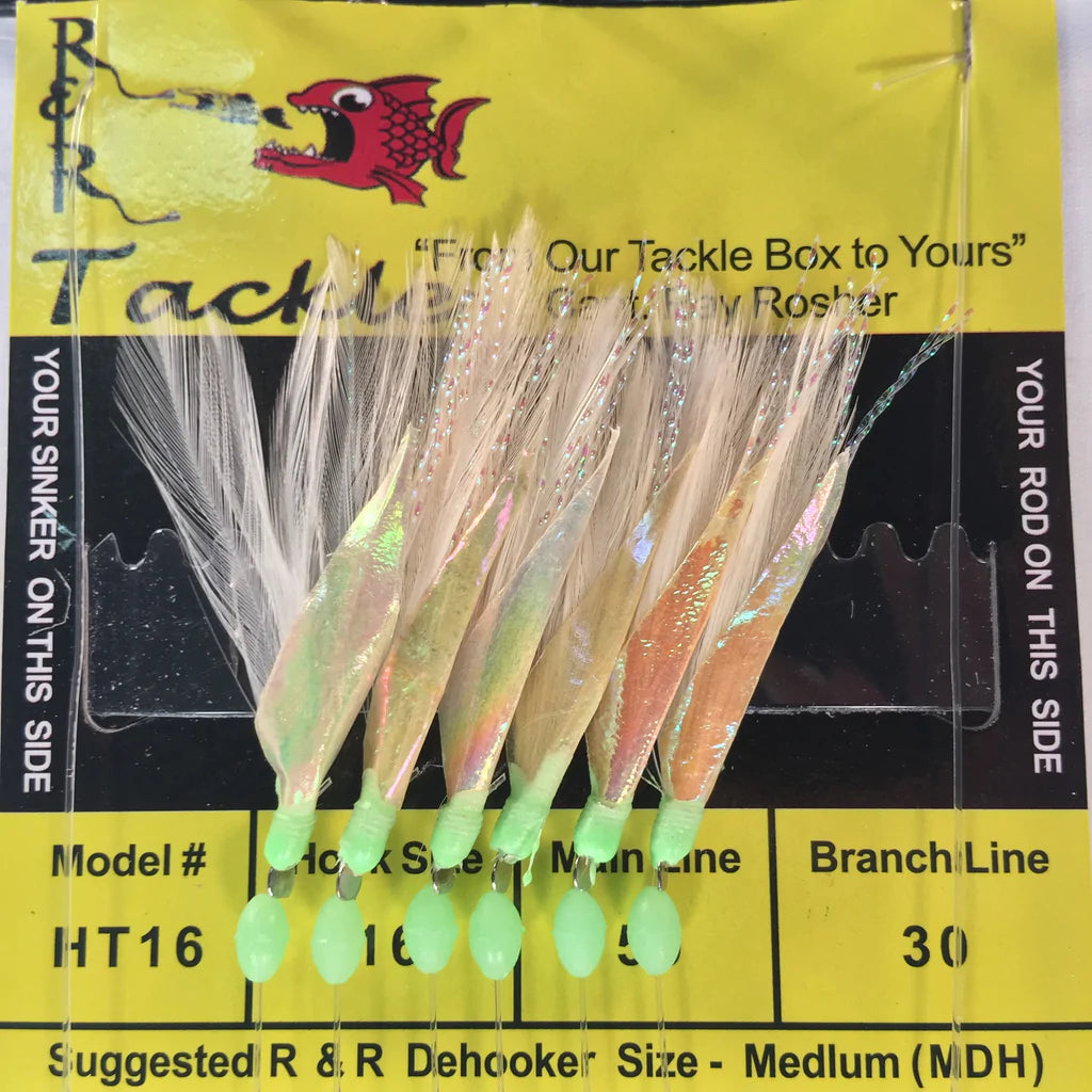 Best Fishing Hook For Catfish-R&R Tackle - HT16 BAIT RIG - 6 (SIZE 16) HOOKS WITH WHITE FEATHER & FISH SKIN