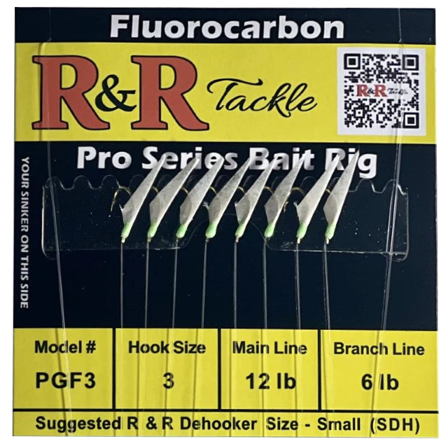 Super Sharp Fishing Hook-R&R Tackle - PGF3 FLUOROCARBON BAIT RIGS- 8 (SIZE 3) GOLD HOOKS WITH FISH SKIN & GREEN HEADS