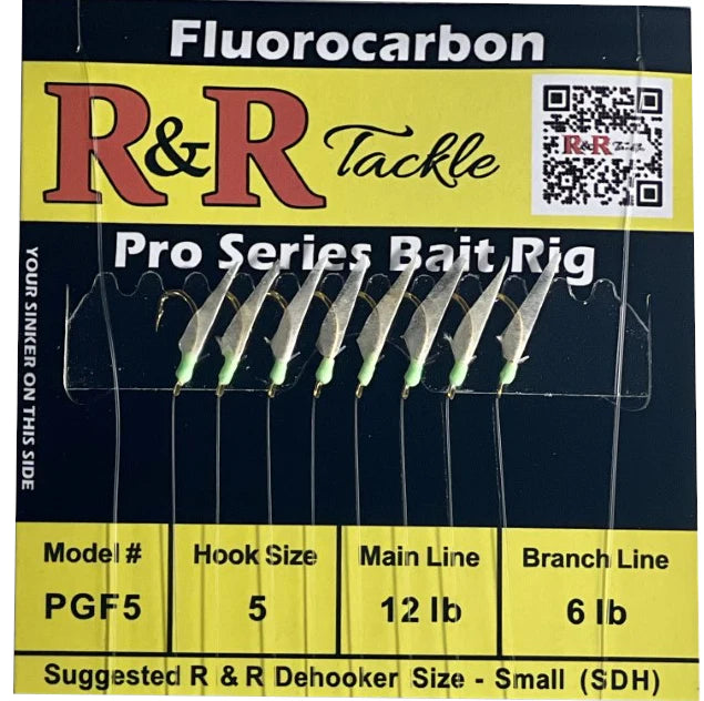 Rust-Resistant Fishing Hook-R&R Tackle - PGF5 FLUOROCARBON BAIT RIGS- 8 (SIZE 5) GOLD HOOKS WITH FISH SKIN & GREEN HEADS