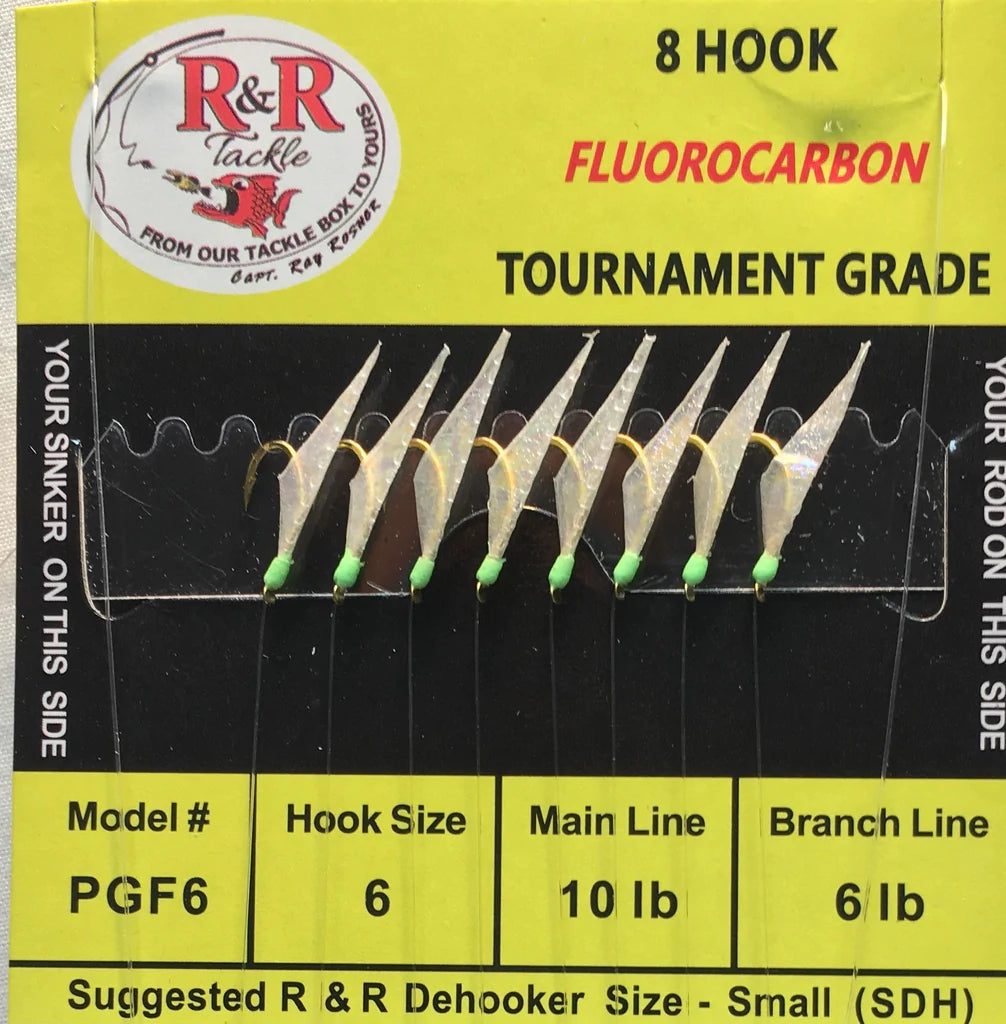 Extra Wide Gap Fishing Hook-R&R Tackle - PGF6 FLUOROCARBON BAIT RIGS- 8 (SIZE 6) GOLD HOOKS WITH FISH SKIN & GREEN HEADS