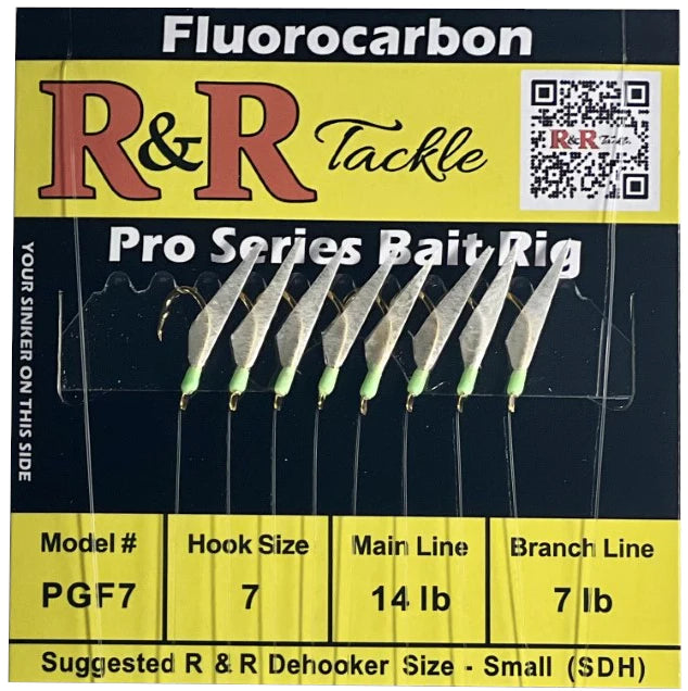 Needle Point Fishing Hook-R&R Tackle - PGF7 FLUOROCARBON BAIT RIGS- 8 (SIZE 7) GOLD HOOKS WITH FISH SKIN & GREEN HEADS