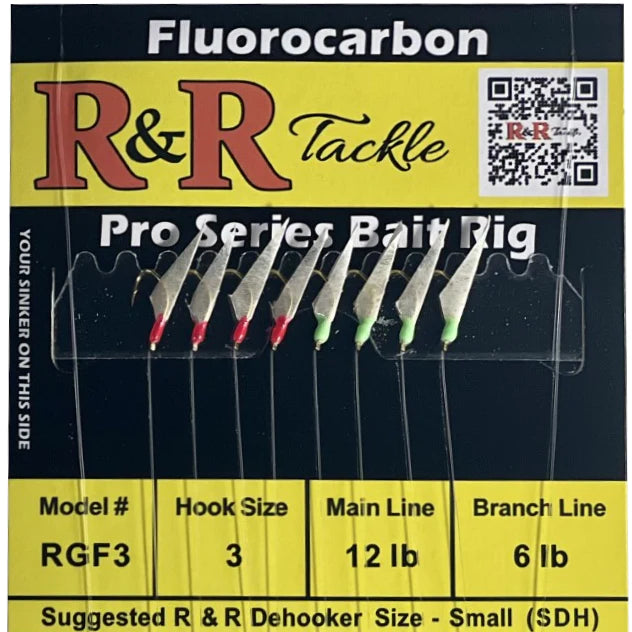 Wide Gap Fishing Hook-R&R Tackle - RGF3 FLUOROCARBON BAIT RIG - 8 (SIZE 3) HOOKS WITH 4 RED 4 GREEN GLOW HEADS WITH FISH SKIN