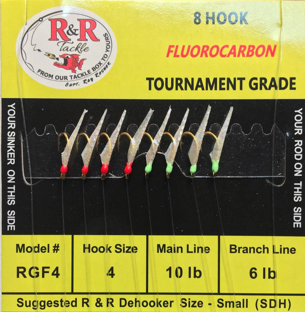 Single Fishing Hook-R&R Tackle - RGF4 FLUOROCARBON BAIT RIG - 8 (SIZE 4) HOOKS WITH 4 RED 4 GREEN GLOW HEADS WITH FISH SKIN