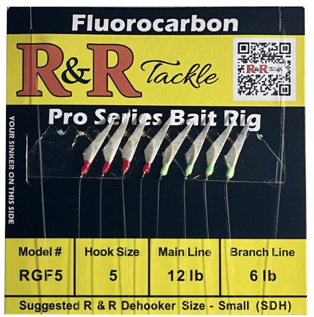 Light-Wire Fishing Hook-R&R Tackle - RGF5 FLUOROCARBON BAIT RIG - 8 (SIZE 5) HOOKS WITH 4 RED 4 GREEN GLOW HEADS WITH FISH SKIN