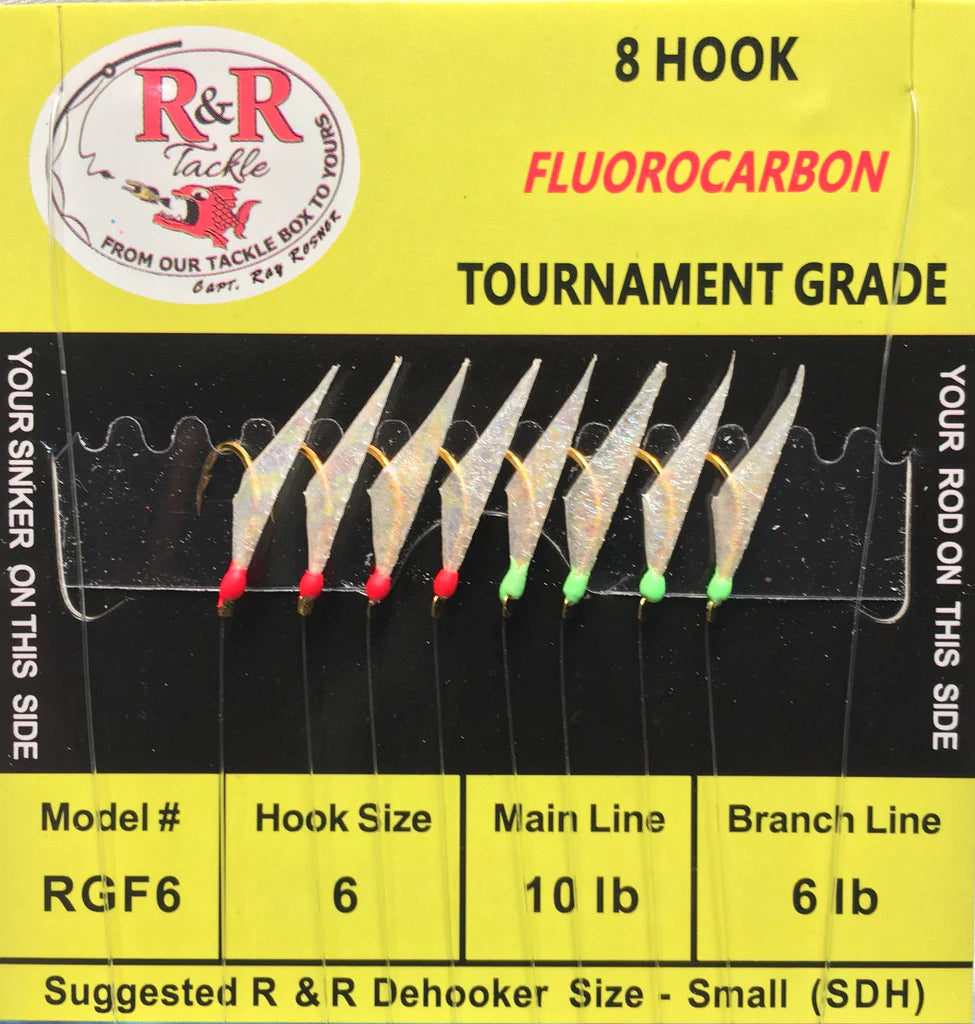 Double Fishing Hook-R&R Tackle - RGF6 FLUOROCARBON BAIT RIG - 8 (SIZE 6) HOOKS WITH 4 RED 4 GREEN GLOW HEADS WITH FISH SKIN