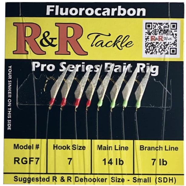 Heavy-Duty Fishing Hook-R&R Tackle - RGF7 FLUOROCARBON BAIT RIG - 8 (SIZE 7) HOOKS WITH 4 RED 4 GREEN GLOW HEADS WITH FISH SKIN