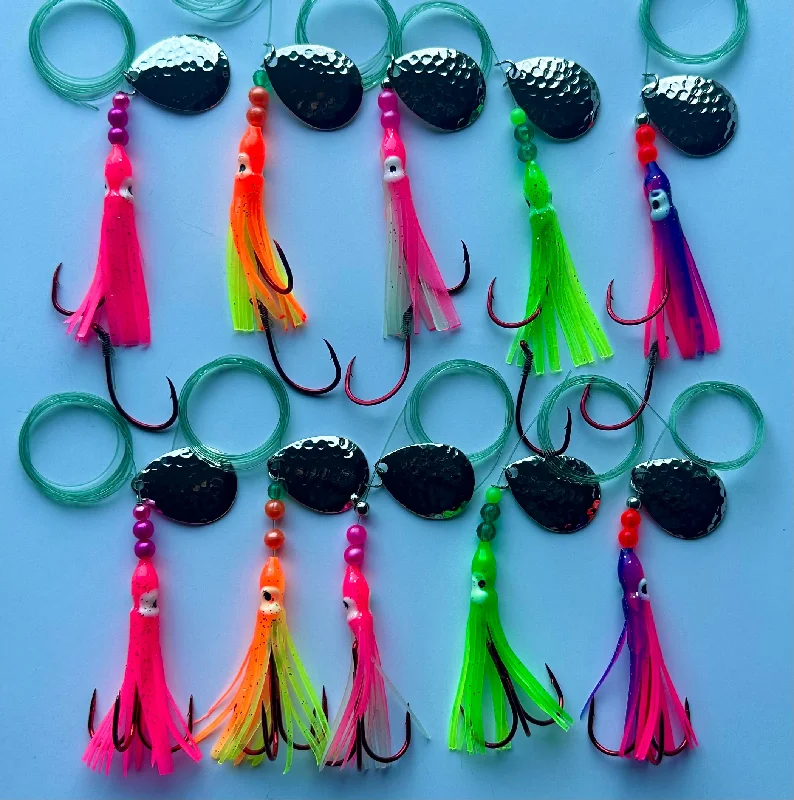 Best Fishing Hook For Small Fish-Kits - 10-Pack Chinook Luminous Salmon Hoochie Kit #1 -(5) 4/0 Red Octopus Snells and (5) 2/0 Red Treble Hooks, 40 Lb Test Line with  Hammered Nickel Colorado Spinner Blades