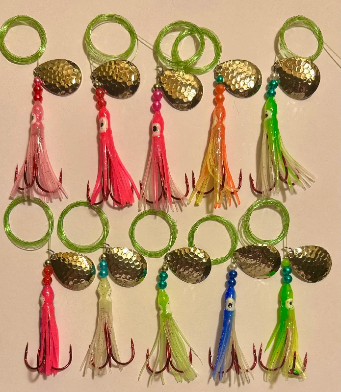 Best Fishing Hook For Pond Fishing-Kits - 10-Pack Chinook Luminous Salmon Hoochie Kit # 2- tied with 2/0 Red Treble Hooks- 10 Colors