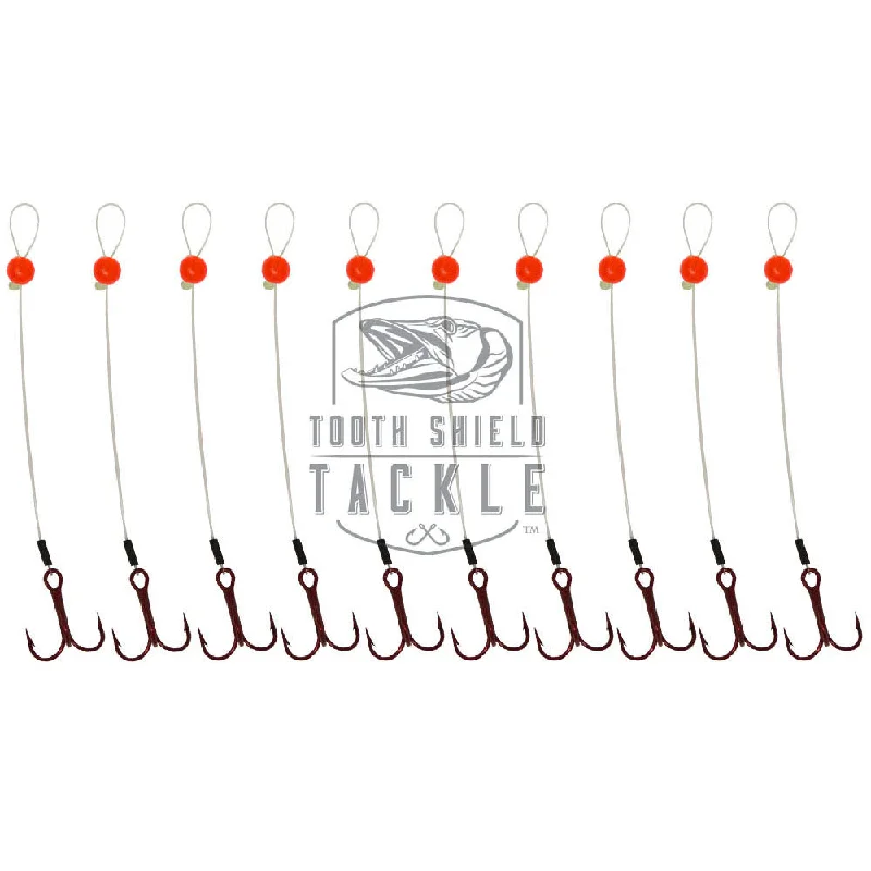 Best Fishing Hook-Tooth Shield Tackle Walleye Stinger Hooks 15 lb Fluorocarbon 10-Pack Red