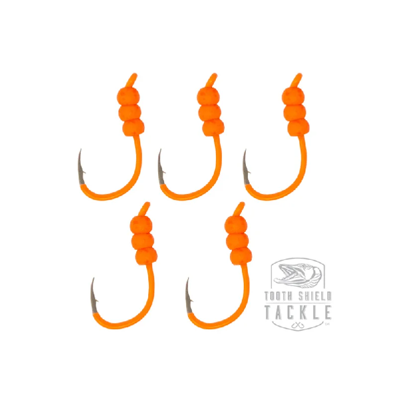 Best Fishing Hook For Deep Diving Baits-Tungsten Weighted Plummeting Tip-up / Dead stick Hooks 5 Pack #4 Hook [Fluorescent Orange / Mottled Orange Bead]