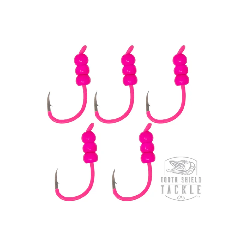 Best Fishing Hook For Jigging-Tungsten Weighted Plummeting Tip-up / Dead stick Hooks 5 Pack #4 Hook [Fluorescent Pink Hooks / Fl. Beads]