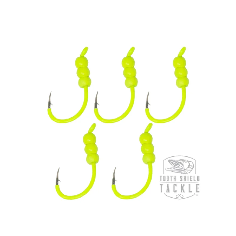 Best Fishing Hook For Stinger Rigs-Tungsten Weighted Plummeting Tip-up / Dead stick Hooks 5 Pack #4 Hook [Fluorescent Yellow Hooks / Beads]