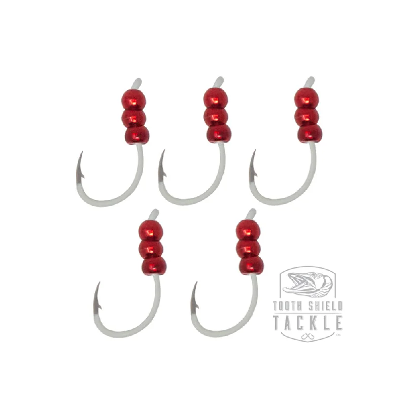 Best Fishing Hook With High Tensile Strength-Tungsten Weighted Plummeting Tip-up / Dead stick Hooks 5 Pack #4 Hook [Glow Hook / Metallic Red Bead]