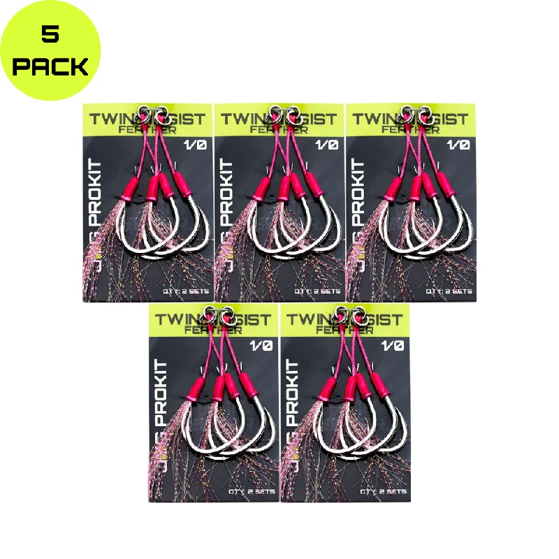 Best Fishing Hook For Walleye-TWIN ASSIST HOOKS PINK FEATHER 5 PK